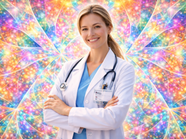 Apothekerin am psychedelic Hintergrund