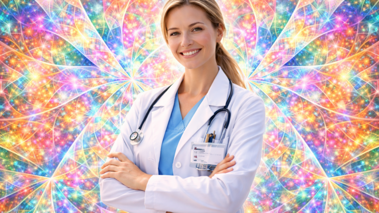 Apothekerin am psychedelic Hintergrund