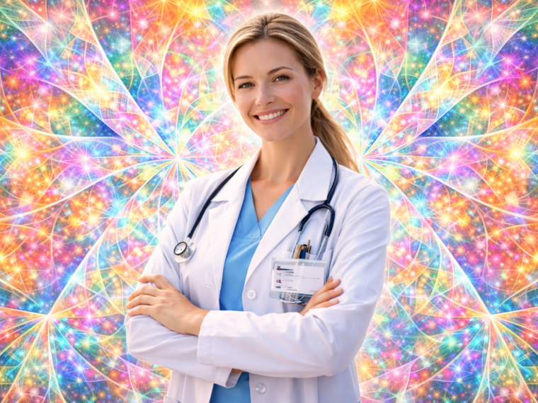 Apothekerin am psychedelic Hintergrund